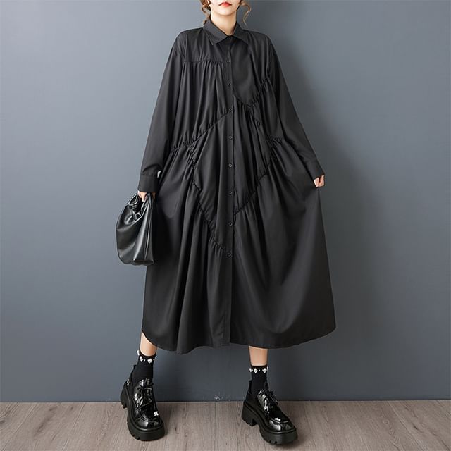 Lewwe-Long-Sleeve Collared Plain Button Up Midi Shirt Dress