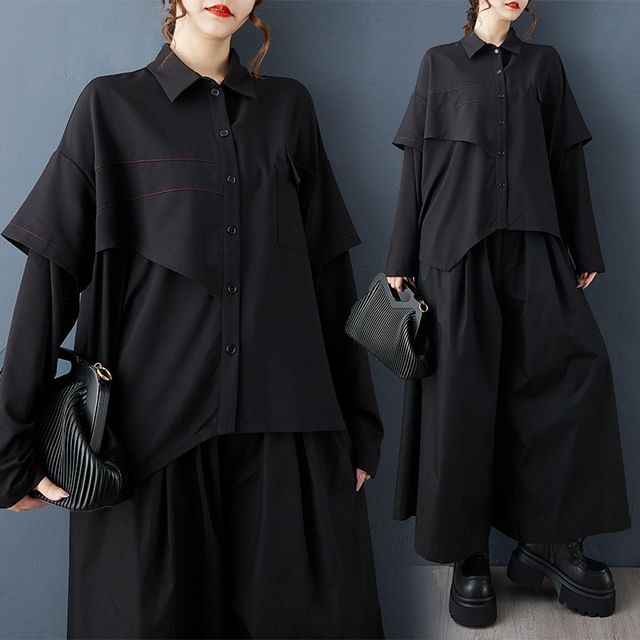 Lewwe-Long-Sleeve Collared Plain Button Up Shirt