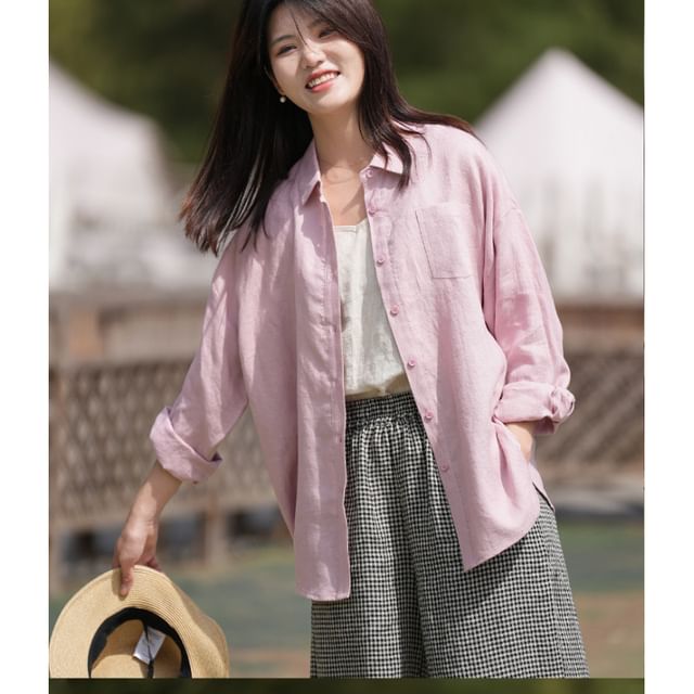 Lewwe-Long-Sleeve Collared Plain Button Up Shirt