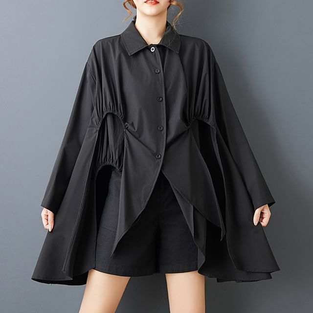 Lewwe-Long-Sleeve Collared Plain Ruched Shirt