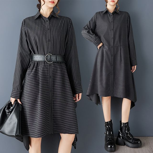 Lewwe-Long-Sleeve Collared Striped Asymmetrical Button-Up Midi Tunic Dress
