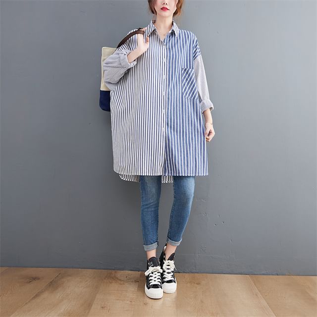 Lewwe-Long-Sleeve Collared Striped Two Tone Long Shirt