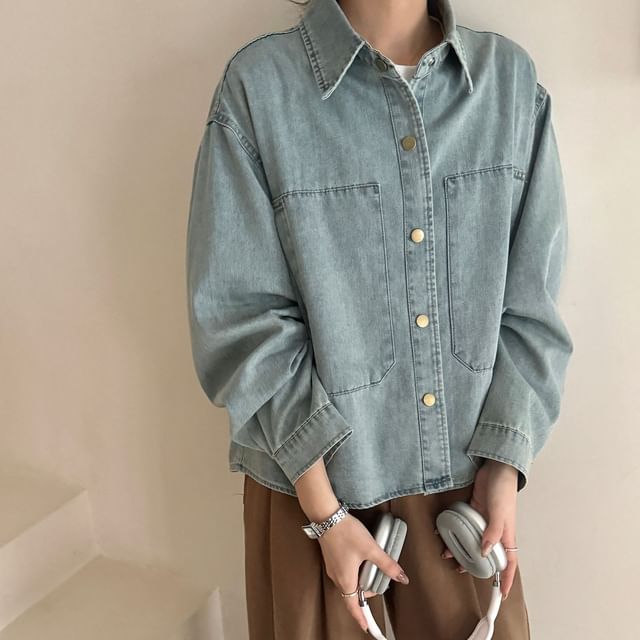 Lewwe-Long Sleeve Collared Washed Denim Shirt