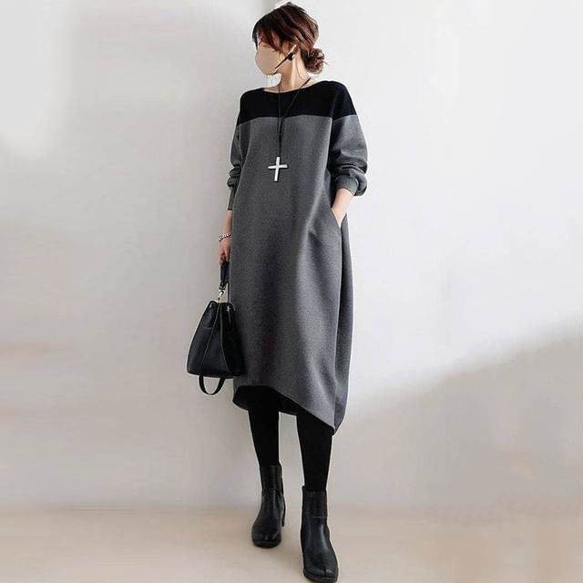 Lewwe-Long-Sleeve Crewneck Two Tone Midi Dress