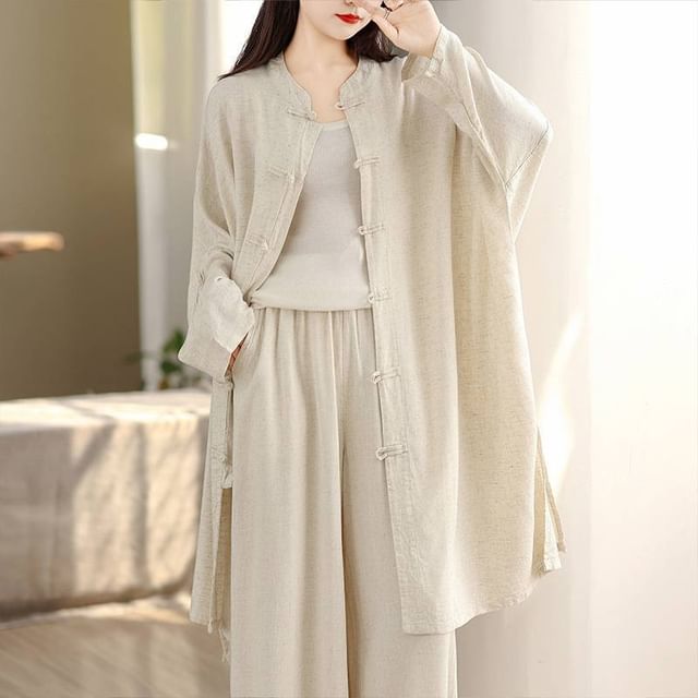 Lewwe-Long-Sleeve Frog Buttoned Plain Linen Long Shirt