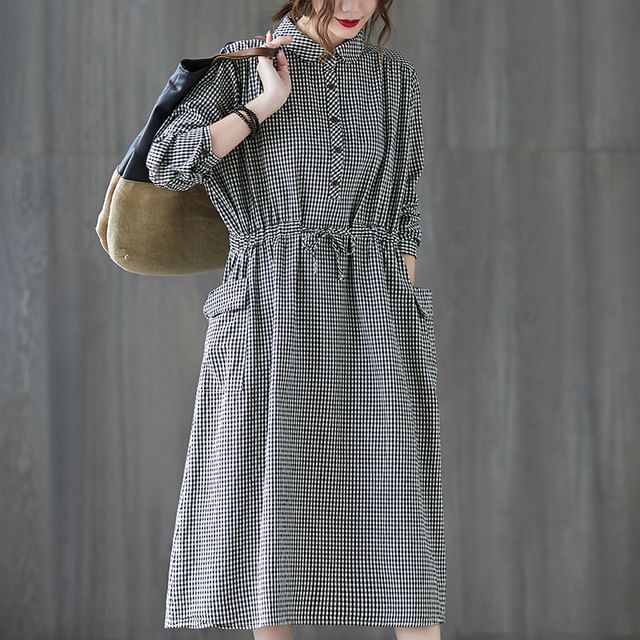 Lewwe-Long-Sleeve Gingham Midi Shirtdress