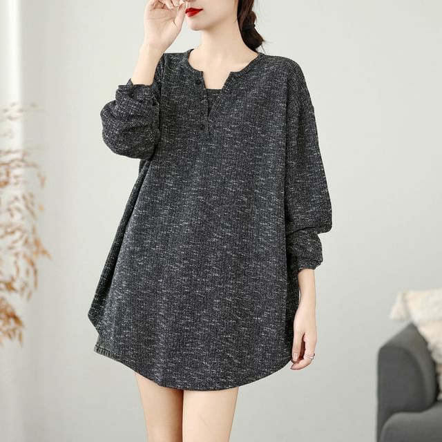 Lewwe-Long-Sleeve Melange Polo Top