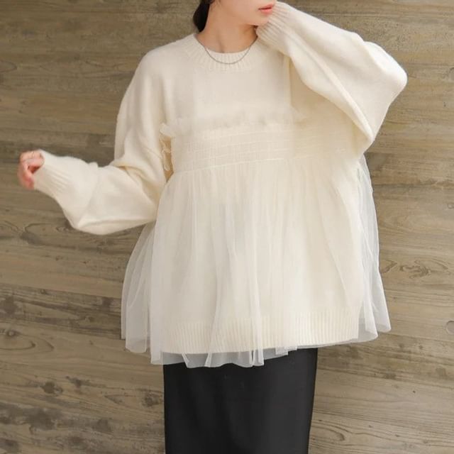 Lewwe-Long-Sleeve Mesh Overlay Plain Knit Top