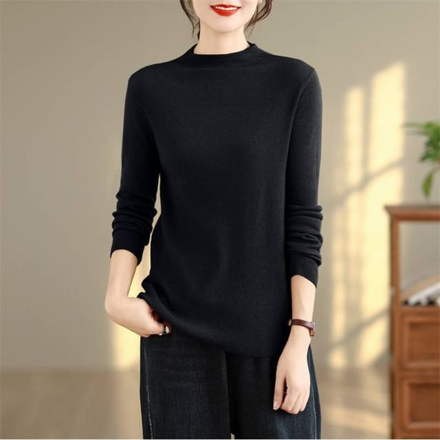 Lewwe-Long-Sleeve Mock Neck Plain Knit Top