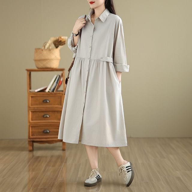 Lewwe-Long-Sleeve Plain Button-Up Midi Shirtdress