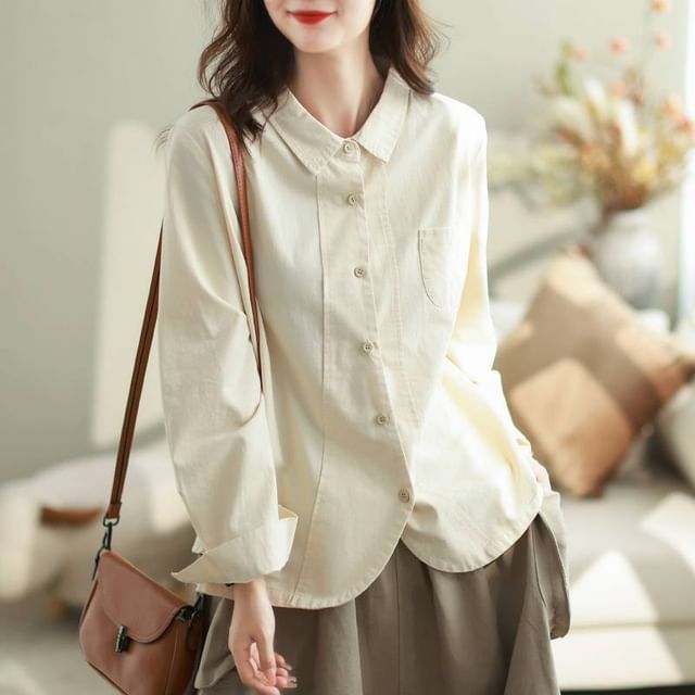 Lewwe-Long-Sleeve Pocketed Plain Shirt