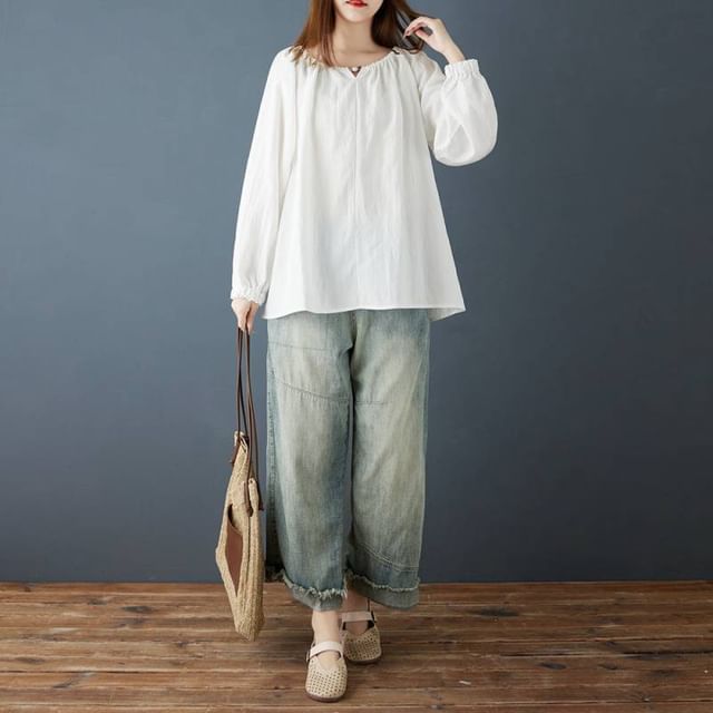 Lewwe-Long-Sleeve Round Neck Plain Beaded Oversized Blouse