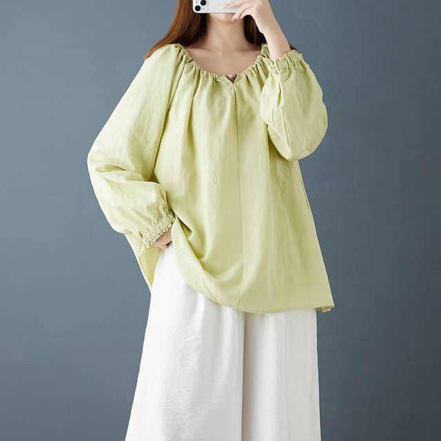 Lewwe-Long-Sleeve Round Neck Plain Beaded Oversized Blouse