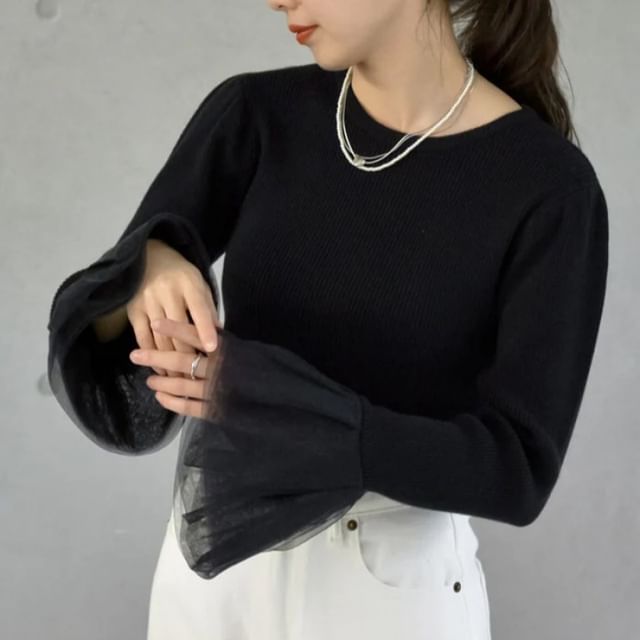Lewwe-Long Sleeve Round Neck Plain Ribbed Knit Top