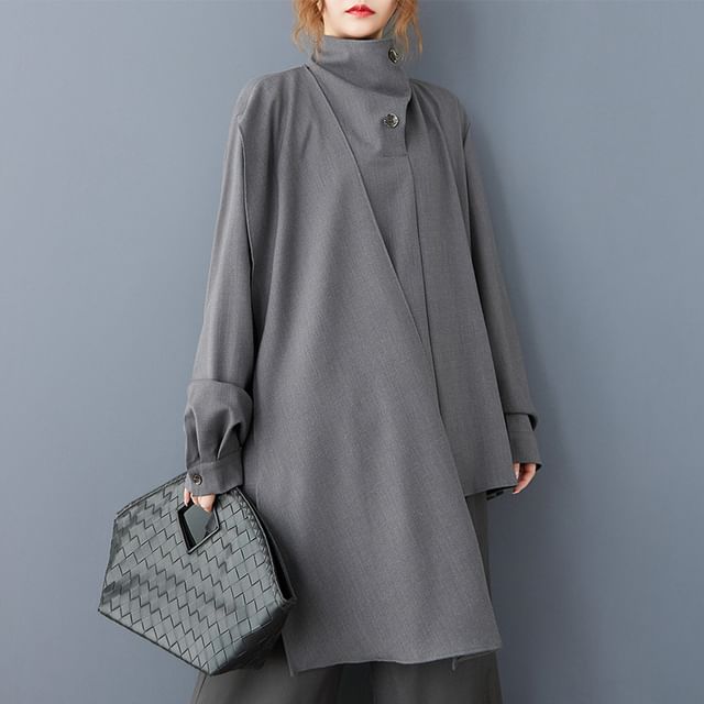 Lewwe-Long-Sleeve Stand Collar Plain Asymmetrical Blouse