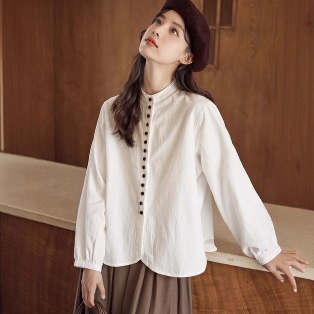 Lewwe-Long-Sleeve Stand Collar Plain Shirt