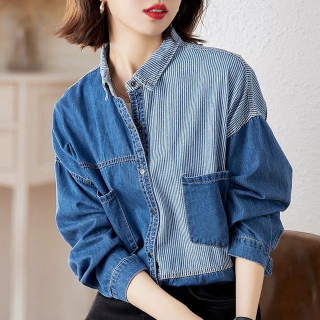 Lewwe-Long-Sleeve Striped Denim Shirt