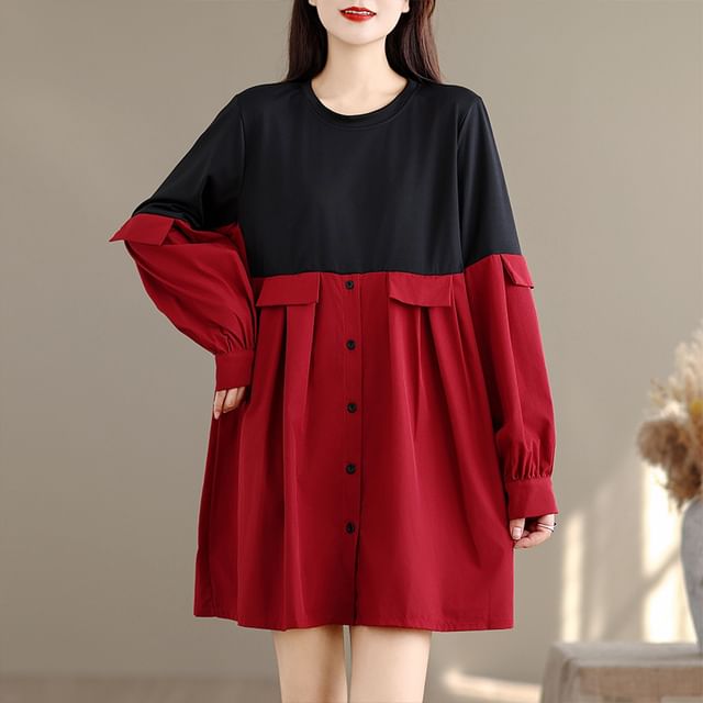 Lewwe-Long-Sleeve Two-Tone Button-Up Blouse