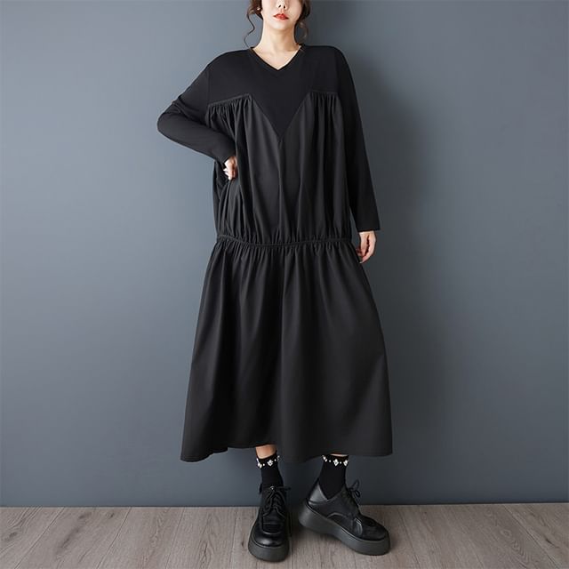 Lewwe-Long-Sleeve V-Neck Plain Patchwork Maxi Smock Dress