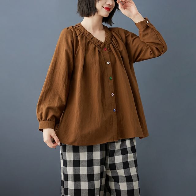 Lewwe-Long Sleeve V-Neck Plain Ruched Blouse