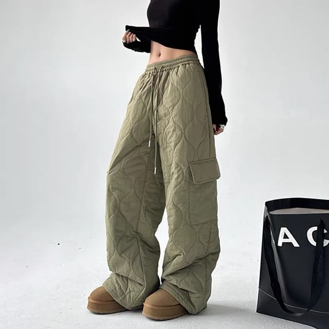 Lewwe-Low Rise Plain Padded Wide Leg Cargo Pants