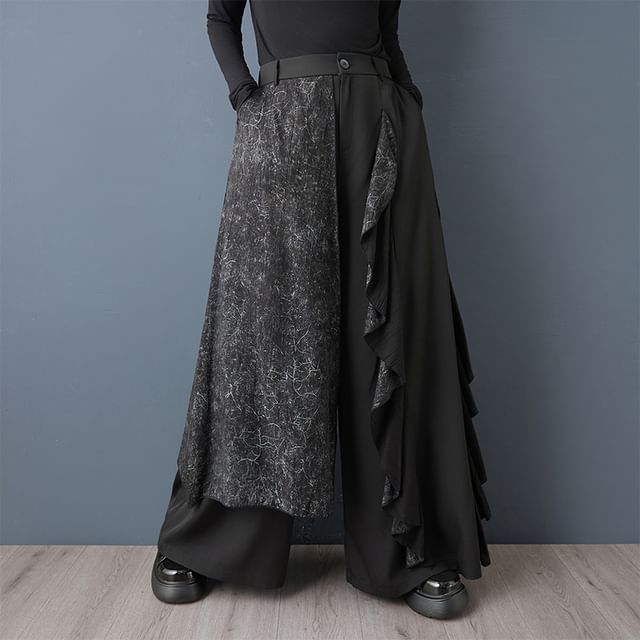 Lewwe-Mid Waist Overlay Wide Leg Pants