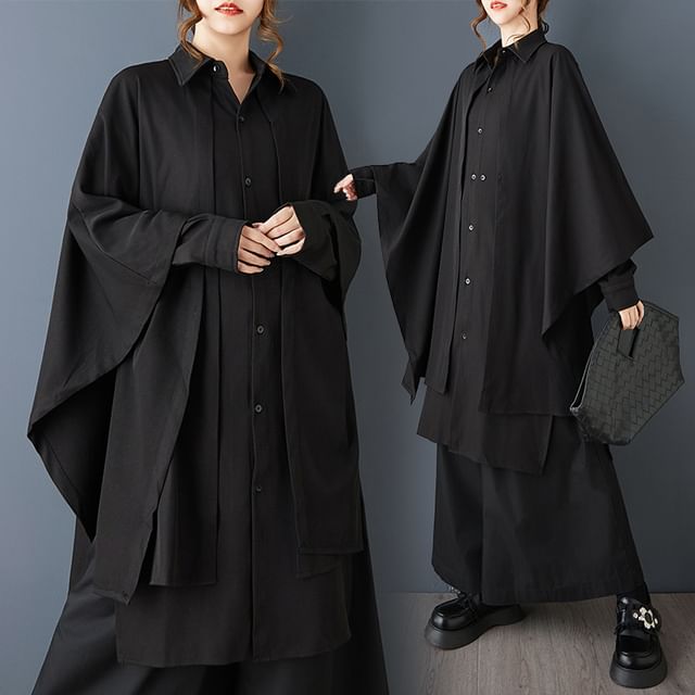 Lewwe-Mock Two-Piece Batwing-Sleeve Collared Button-Up Plain Tunic Blouse