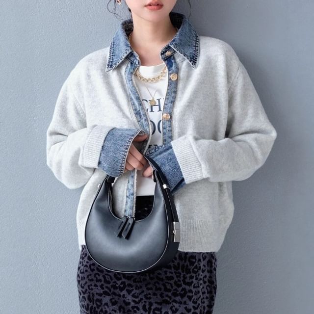 Lewwe-Mock Two-Piece Collared Denim Trim Cardigan
