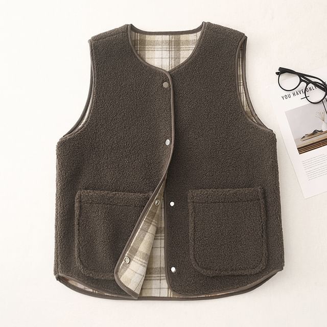 Lewwe-Plaid Lining Button-Up Vest