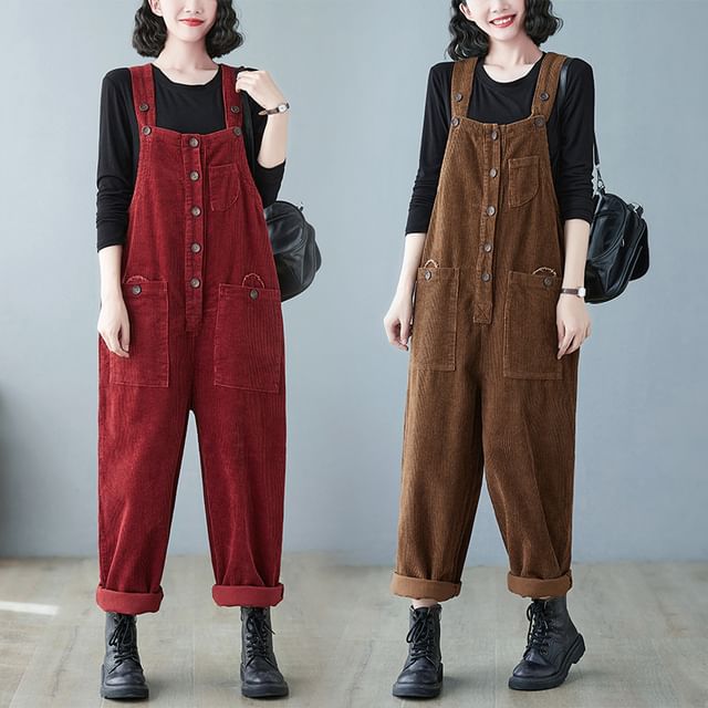 Lewwe-Plain Button Corduroy Straight Leg Jumper Pants