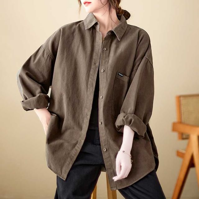 Lewwe-Plain Button-Up Shirt