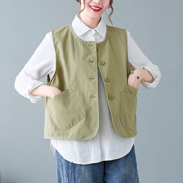 Lewwe-Plain Button-Up Vest