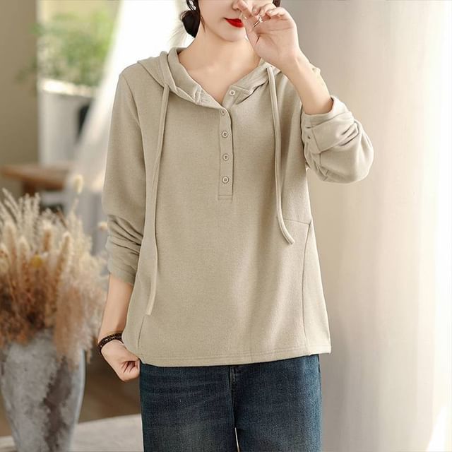 Lewwe-Plain Drawstring Half-Buttoned Hoodie