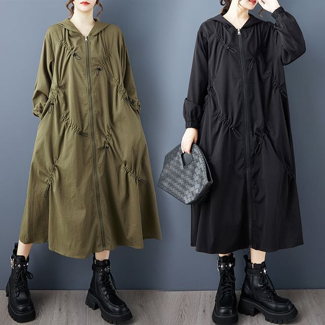 Lewwe-Plain Drawstring Hooded Midi Zip Coat