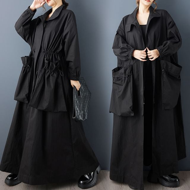 Lewwe-Plain Drawstring Ruffled Zip Jacket