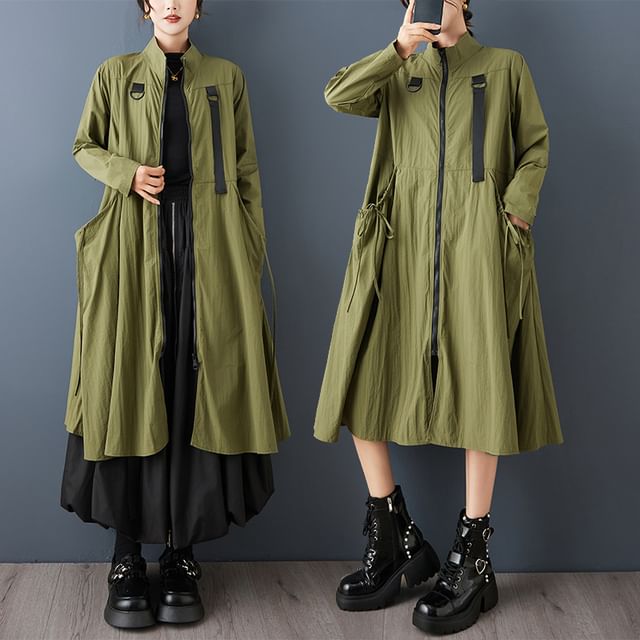 Lewwe-Plain Drawstring Zip Jacket
