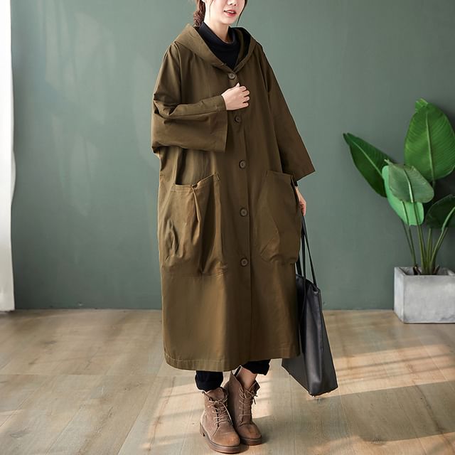 Lewwe-Plain Hood Large Pocket Midi Button Coat