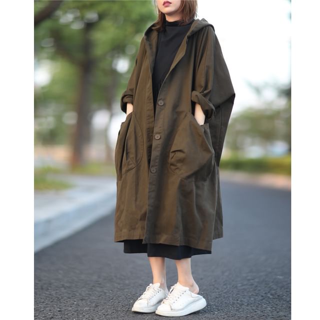 Lewwe-Plain Hooded Midi Single-Breasted Coat
