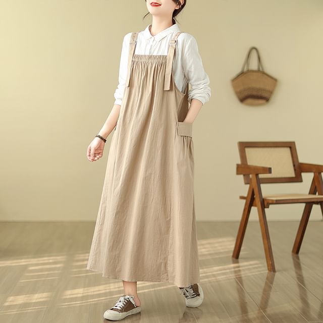 Lewwe-Plain Midi A-Line Pinafore Dress