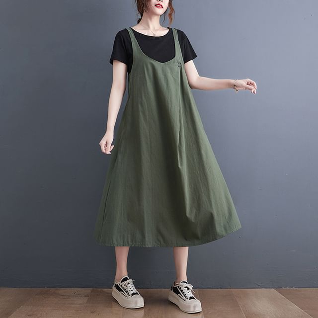Lewwe-Plain Midi Overall Dress