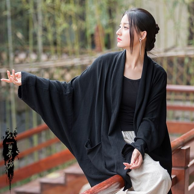 Lewwe-Plain Open Front Long Jacket