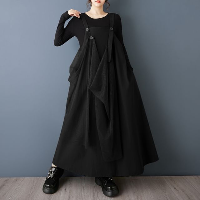 Lewwe-Plain Panel Mesh Maxi A-Line Overall Dress