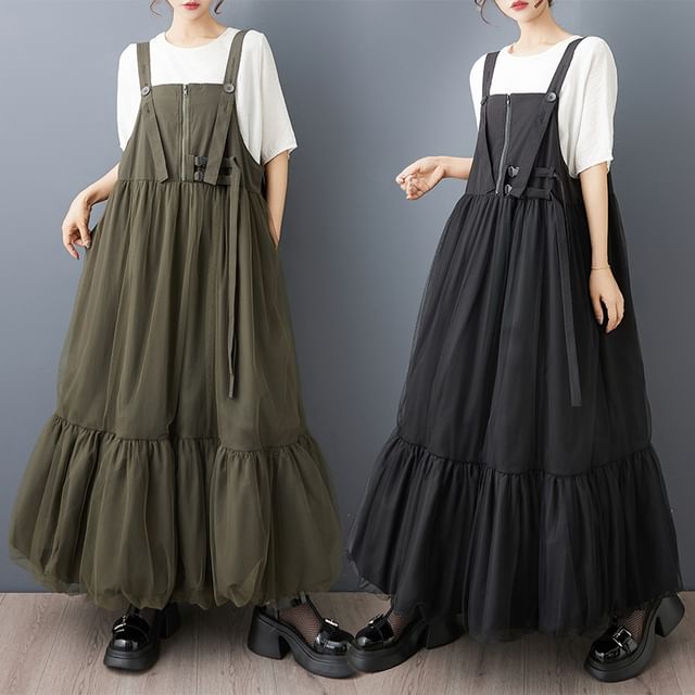 Lewwe-Plain Ruched Maxi Pinafore Dress