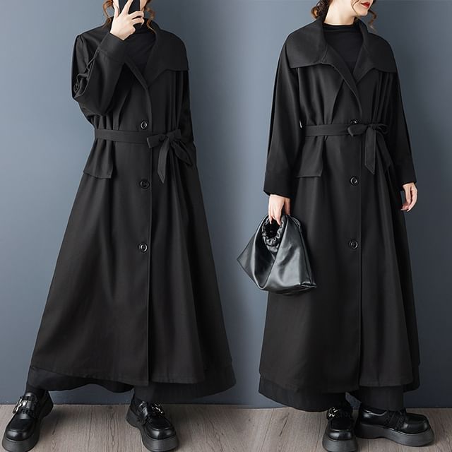Lewwe-Plain Tie-Front Button-Up Coat