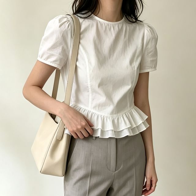 Lewwe-Puff Short-Sleeve Round Neck Plain Ruffle Trim Blouse