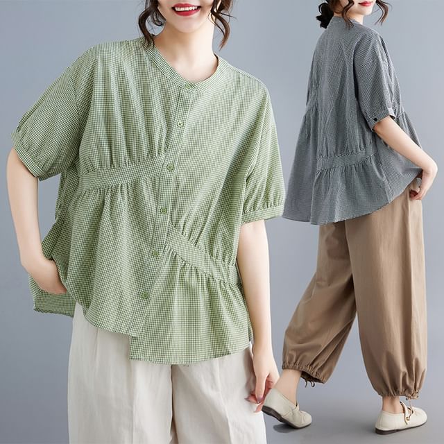 Lewwe-Puff-Sleeve Asymmetrical Gingham Button-Up Blouse