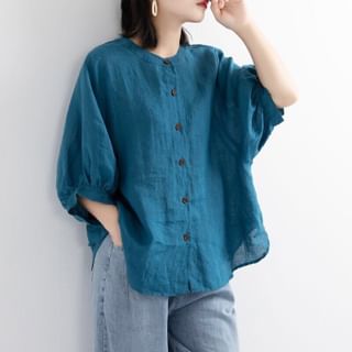 Lewwe-Puff-Sleeve Button-Up Plain Shirt