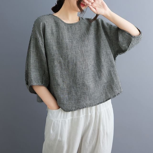 Lewwe-Puff-Sleeve Gingham Blouse