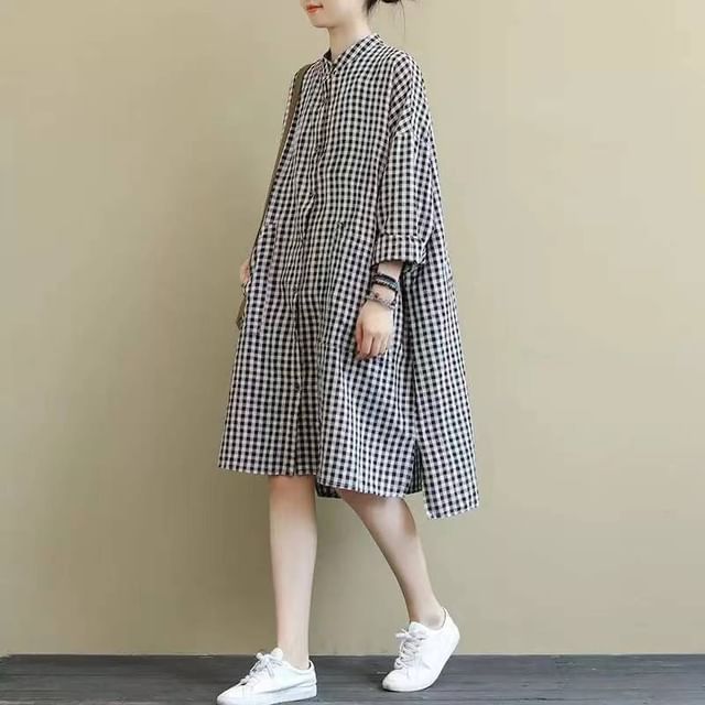 Lewwe-Puff-Sleeve Gingham Button-Up Midi A-Line Dress