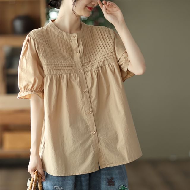 Lewwe-Puff-Sleeve Plain Pintuck Button-Up Blouse